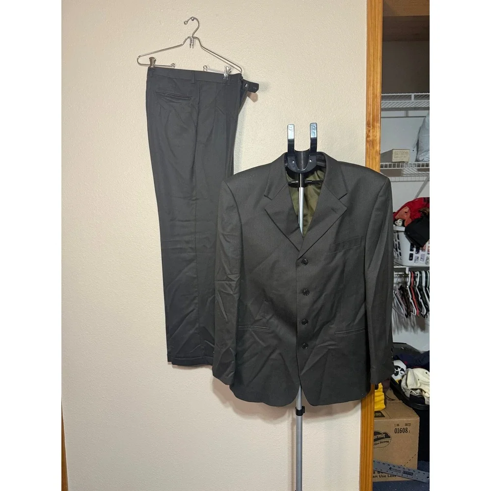 Albert Nipon Mens Wool Silk Suit‎ Charcoal Gray 4-Button Blazer Trousers Set